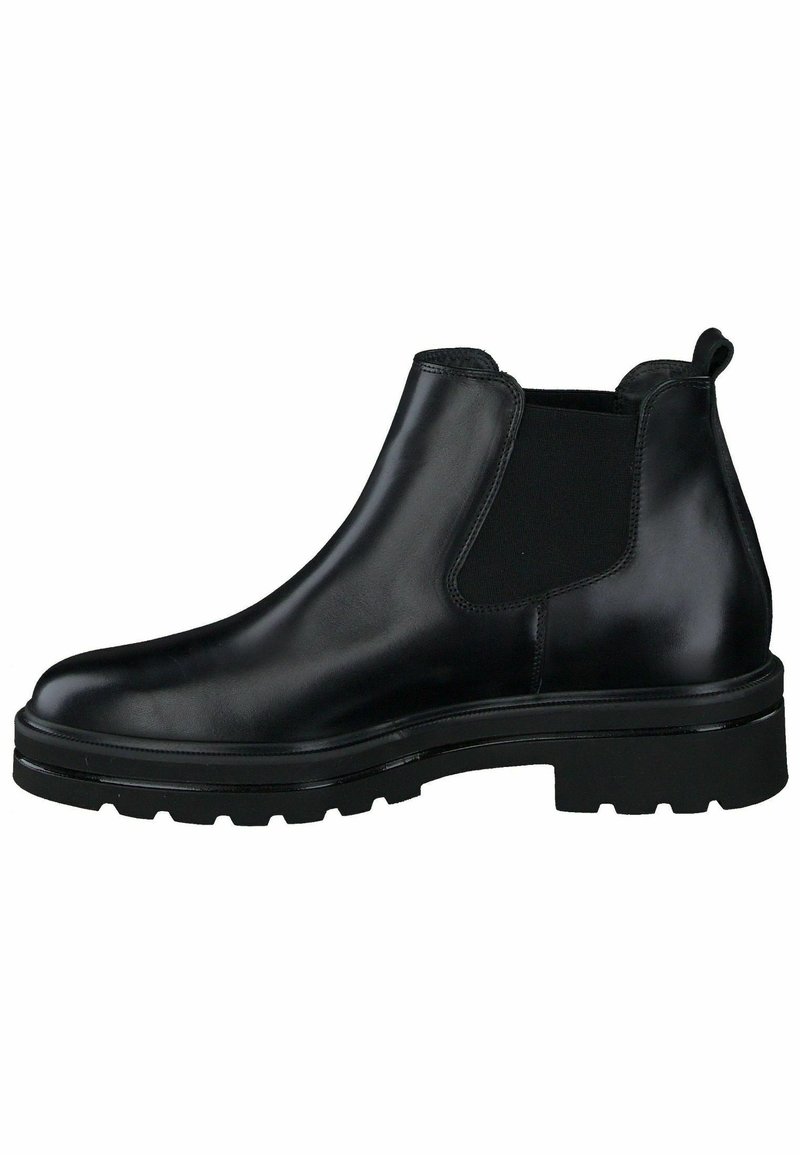 Bota negra de cuero hasta el tobillo con paneles laterales elásticos, puntera redonda y suela de goma resistente con profundas garras para un mejor agarre.