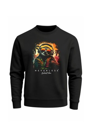 Black sweatshirt featuring a colorful graphic of a sloth wearing headphones and sunglasses, surrounded by tropical foliage and mountains.