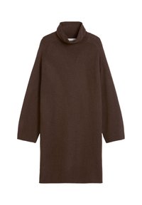 Braunes Woll-Turtleneck-Kleid mit Dreiviertelärmeln, gerippten Bündchen und lockerer Passform. Weiche Textur und minimalistischer Stil.