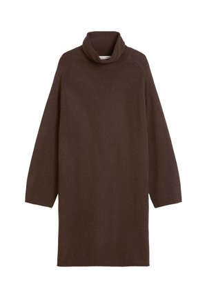 Braunes Woll-Turtleneck-Kleid mit Dreiviertelärmeln, gerippten Bündchen und lockerer Passform. Weiche Textur und minimalistischer Stil.