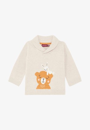 Crèmekleurige gebreide babytrui met sjaalkraag, met een afbeelding van een glimlachende oranje beer en een wit konijntje dat op zijn hoofd rust.