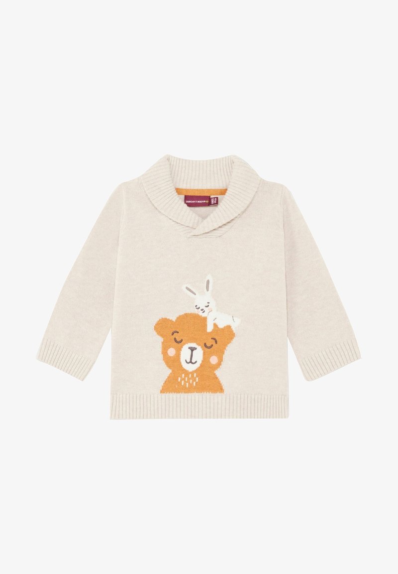 Pull en maille crème pour bébé avec col châle, illustrant un ours orange souriant et un lapin blanc reposant sur sa tête.