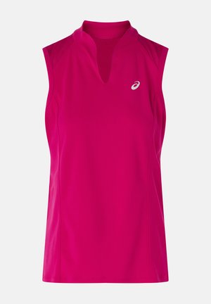 Roze mouwloze sporttop gemaakt van soepele stof, met een hoge kraag, gaasaccenten en een klein logo op de borst.