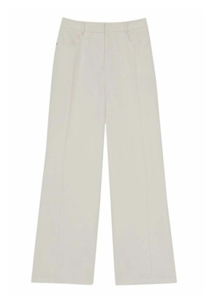 Helle beige weite Hosen mit glatter Textur, vorn mit Bundfalten, mittelhoher Taille und zwei Fronttaschen. Dezente Nähdetails.