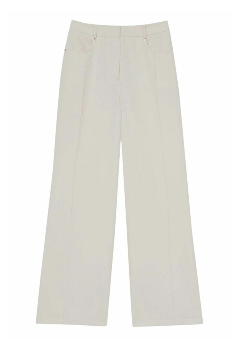 Lichtbeige wijde broek met een zachte textuur, met voorplooien, een middenhoog taille en twee zijzakken. Subtiele stikseldetails.