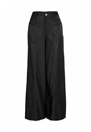 Kõrge vöökoht mustad laiad püksid ees nupu ja lukuga, detailne õmblus ja kaks ees kõverat taskut.