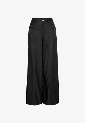 Kõrge vöökoht mustad laiad püksid ees nupu ja lukuga, detailne õmblus ja kaks ees kõverat taskut.