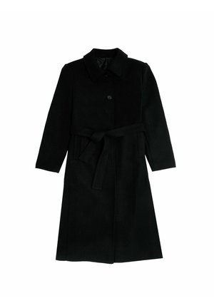 Black wool coat, knee-length, featuring a collar, front buttons, and a tied waist belt. Smooth texture with side pockets.