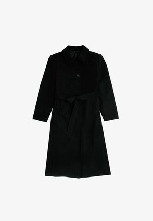 Black wool coat, knee-length, featuring a collar, front buttons, and a tied waist belt. Smooth texture with side pockets.