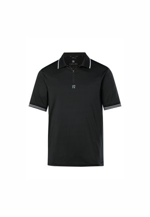 Camiseta polo negra de tejido suave con cremallera de cuarto. Presenta detalles en blanco en el cuello y las mangas, y un pequeño logo en el pecho.
