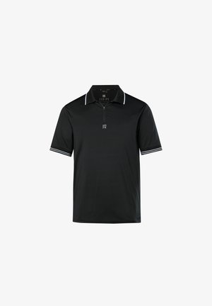 Černá polo košile vyrobená z hladké látky s čtvrtinovým zipem. Obsahuje bílé akcenty na límci a rukávech a malé logo na hrudi.