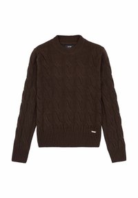 Brązowy sweter dzianinowy z teksturowanym wzorem falistym, okrągłym kołnierzem oraz ściągaczami przy mankietach i dolnej części. Dyskretny metka marki po lewej stronie u dołu.