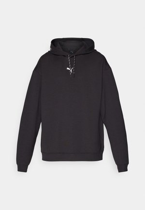 Black hooded sweatshirt with long sleeves, made from a smooth fabric. Features a small white logo on the chest and drawstring hood.