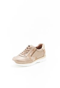 Sneaker beige con tomaia in pelle texturizzata, design con lacci, zip laterale e suola chiara per una maggiore aderenza.