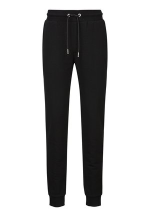 Pantalon de jogging noir slim avec ceinture élastique et cordon de serrage, poignets côtelés et poches latérales, conçu pour un usage décontracté.