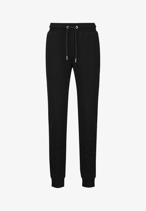 Schwarze Slim-Fit-Jogginghose mit elastischem Bund und Kordelzug, gerippten Bündchen und Seitentaschen, entworfen für legere Kleidung.