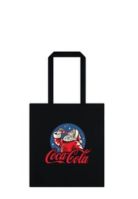 Czarna torba na ramię z grafiką vintage Świętego Mikołaja pijącego Coca-Colę. Projekt zawiera okrągłe niebieskie tło oraz czerwony napis.