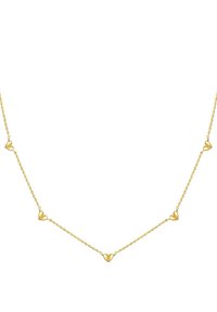 Zelts kaklarota, kas rotāta ar mazām, apaļām sirds formām, kas novietotas gar smalku ķēdi, ar spīdīgu apdari un vienmērīgu izvietojumu.