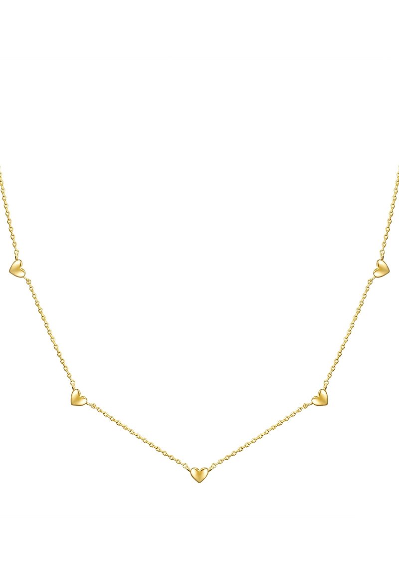 Zelts kaklarota, kas rotāta ar mazām, apaļām sirds formām, kas novietotas gar smalku ķēdi, ar spīdīgu apdari un vienmērīgu izvietojumu.