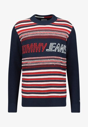Marineblauer Strickpullover mit roten, weißen und blauen horizontalen Streifen und dem Schriftzug "Tommy Jeans" in Rot und Weiß quer über der Brust.