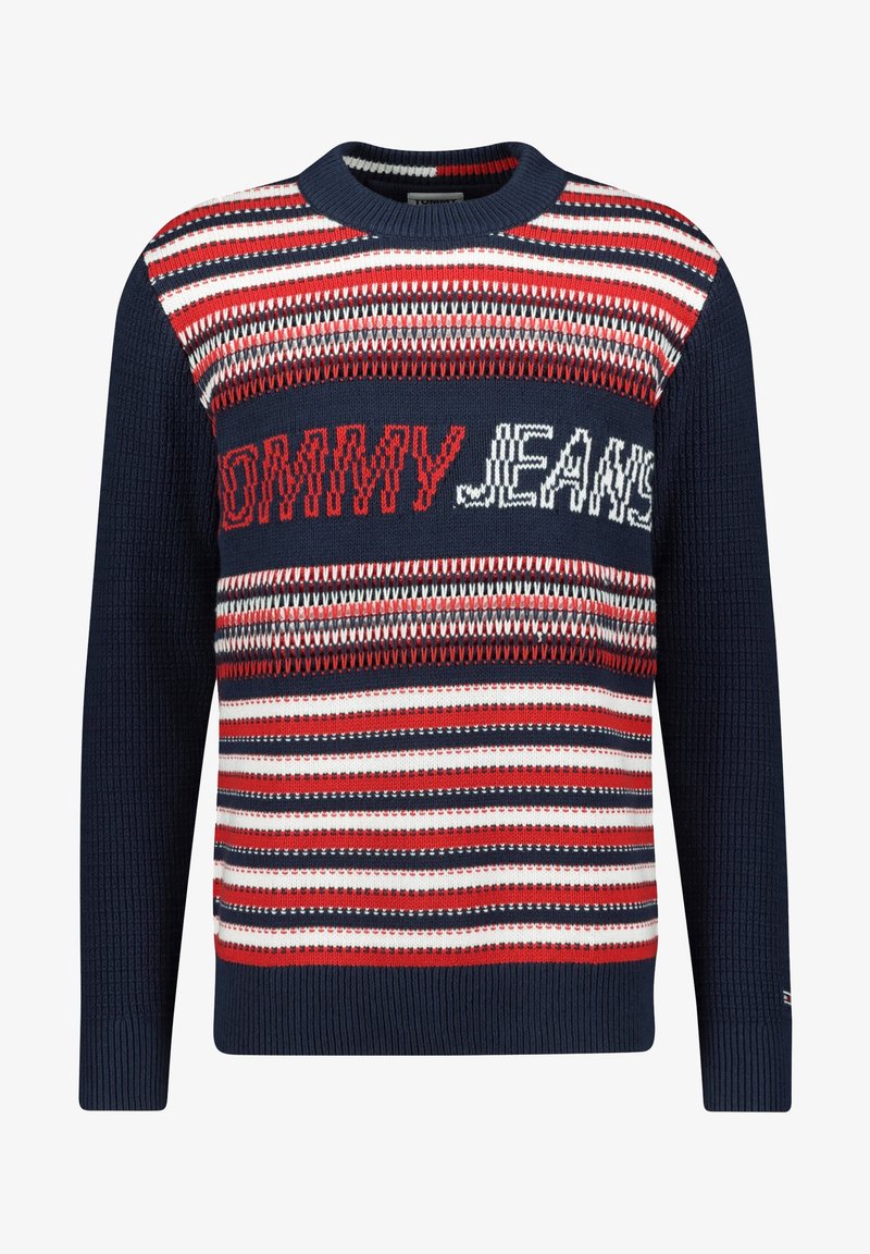 Pull en maille bleu marine avec des rayures horizontales rouges, blanches et bleues et le texte « Tommy Jeans » en rouge et blanc sur la poitrine.