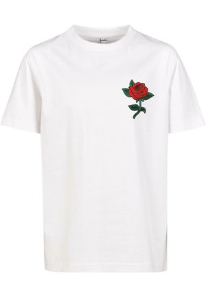 White cotton t-shirt featuring a red rose graphic with green leaves on the left chest area; short sleeves and a crew neck design.
