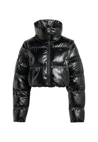 Zwarte cropped pufferjack gemaakt van glanzend, glad materiaal. Heeft een hoge kraag en een rits aan de voorkant, met ribgebreide manchetten en een gewatteerd ontwerp.
