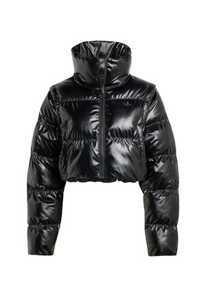 Černá krátká péřová bunda vyrobená z lesklého, hladkého materiálu. Má vysoký límec a přední zip, s žebrovanými manžetami a polstrovaným designem.