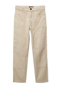 Pantalons en velours côtelé beige avec poches latérales et frontales, coupe droite, dotés d'un tissu texturé et de renforts au niveau des genoux.