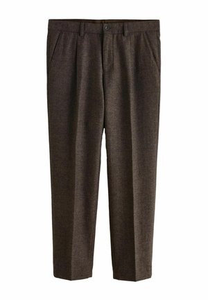 Brown textured pants with a straight-leg design, front pleats, and a button closure. Made from a durable fabric, suitable for casual wear.