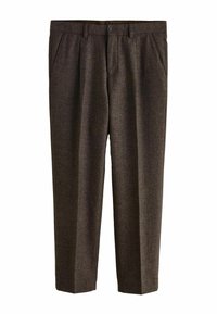 Brown textured pants with a straight-leg design, front pleats, and a button closure. Made from a durable fabric, suitable for casual wear.