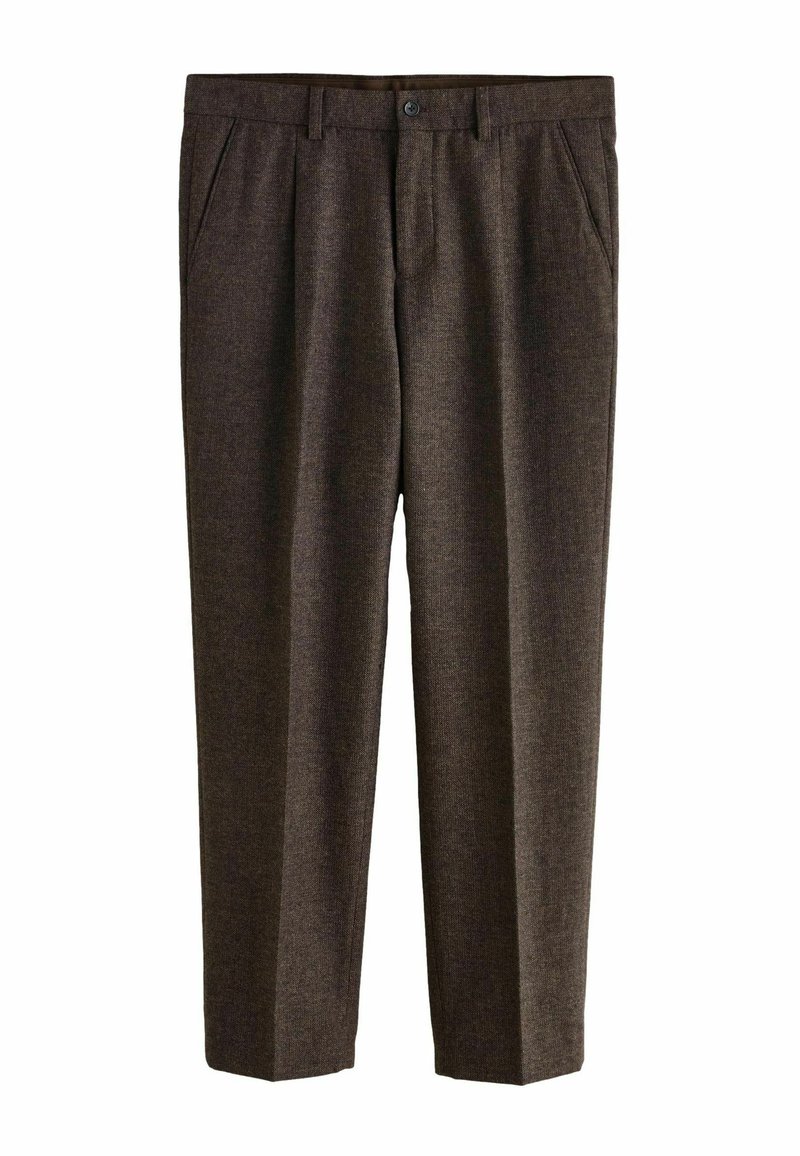 Brown textured pants with a straight-leg design, front pleats, and a button closure. Made from a durable fabric, suitable for casual wear.