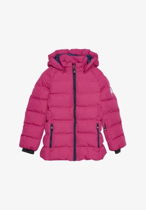 Pink puffer jacket featuring a hood, front zipper, navy accents, and two side pockets with zippers. Textured quilted design adds warmth.