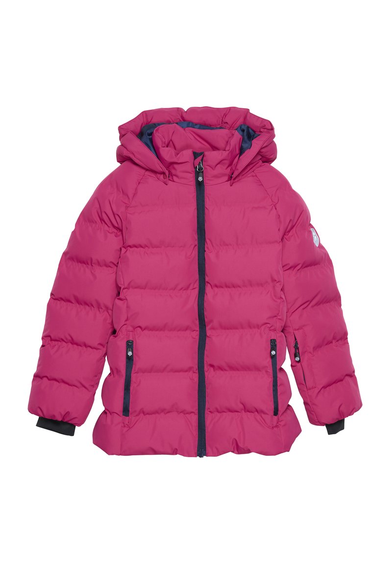 Pink puffer jacket featuring a hood, front zipper, navy accents, and two side pockets with zippers. Textured quilted design adds warmth.