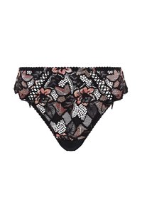 Culotte en dentelle noire avec broderies florales roses et beiges et détails de découpes géométriques sur fond blanc.