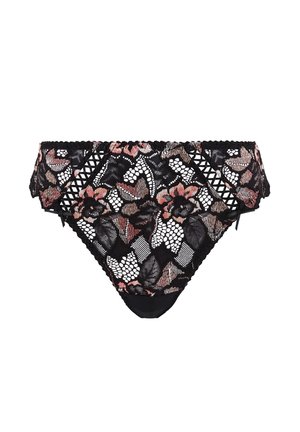 Culotte en dentelle noire avec broderies florales roses et beiges et détails de découpes géométriques sur fond blanc.