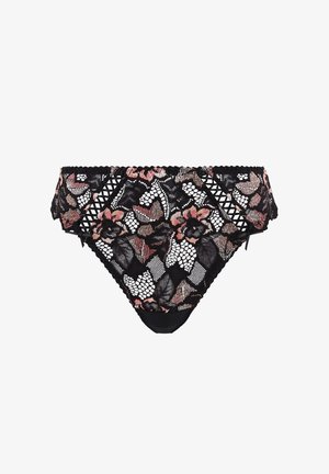 Zwarte kanten slip met roze en beige bloemencollecties en geometrische uitsnijdingen op een witte achtergrond.