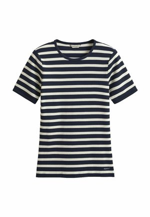 Marineblau-weiß gestreiftes T-Shirt mit kurzen Ärmeln, Rundhalsausschnitt und kleinem "GANT"-Logo am unteren Saum.