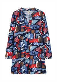Abito a maniche lunghe in navy con un motivo floreale astratto colorato che presenta forme rosse, blu e marroni; vestibilità comoda e scollo a V.