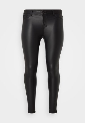 Black faux leather leggings with a slim fit, featuring a front button closure and five pockets. Smooth texture with a glossy finish.