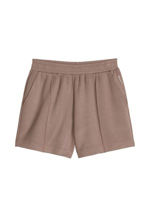 Pantalones cortos con cintura elástica marrón y bolsillos laterales, fabricados con tela suave, diseñados para uso casual o deportivo.