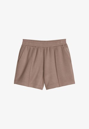 Braune Shorts mit elastischem Bund und Seitentaschen, gefertigt aus weichem Stoff, entworfen für legere oder sportliche Aktivitäten.