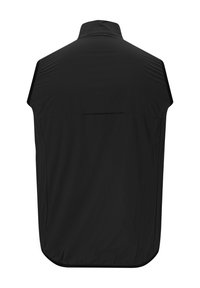 Svart ärmlös väst med hög krage, med en slät, matt yta och en enda bakficka, designad för lättviktig komfort.