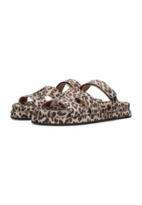 Leopard print sandals with cross-strapped design, soft fabric, cushioned sole, and a flat black rubber outsole.