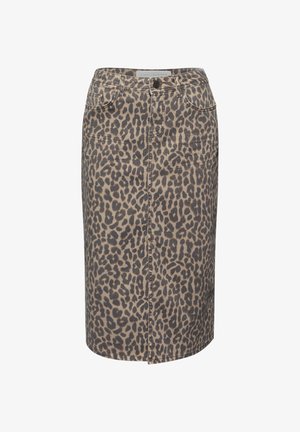 Falda lápiz hasta la rodilla con estampado de leopardo, botones y cremallera delanteros, trabillas para cinturón y bolsillos frontales.