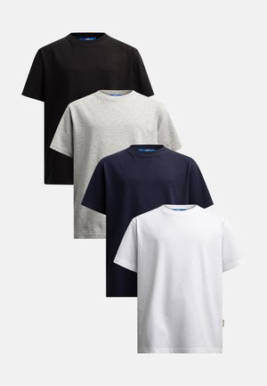 Set of four short-sleeve t-shirts in black, gray, navy, and white. Made of cotton, featuring a crew neckline and relaxed fit.
