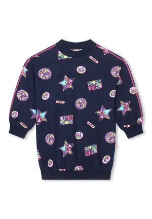 Chemise à manches longues bleu marine avec motifs abstraits colorés d'étoiles, cercles et rectangles en rose, bleu, jaune et blanc.