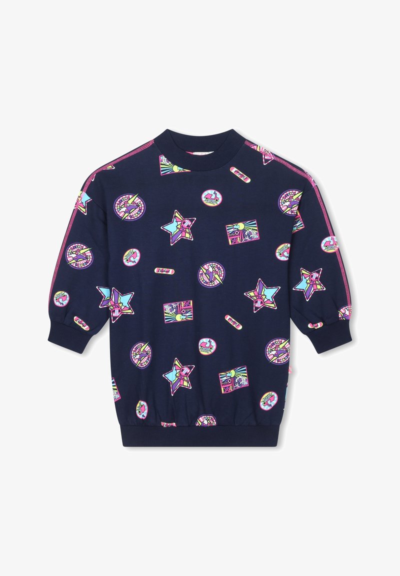 Chemise à manches longues bleu marine avec motifs abstraits colorés d'étoiles, cercles et rectangles en rose, bleu, jaune et blanc.