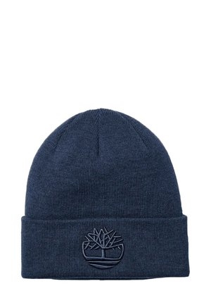 Berretto lavorato a maglia di colore blu notte realizzato in tessuto testurizzato. Presenta un risvolto e un logo ad albero in rilievo sulla parte anteriore. Design semplice e aderente.