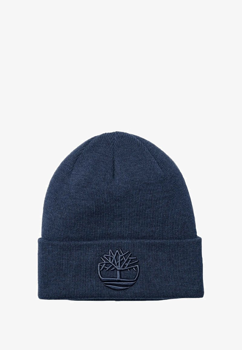 Berretto lavorato a maglia di colore blu notte realizzato in tessuto testurizzato. Presenta un risvolto e un logo ad albero in rilievo sulla parte anteriore. Design semplice e aderente.